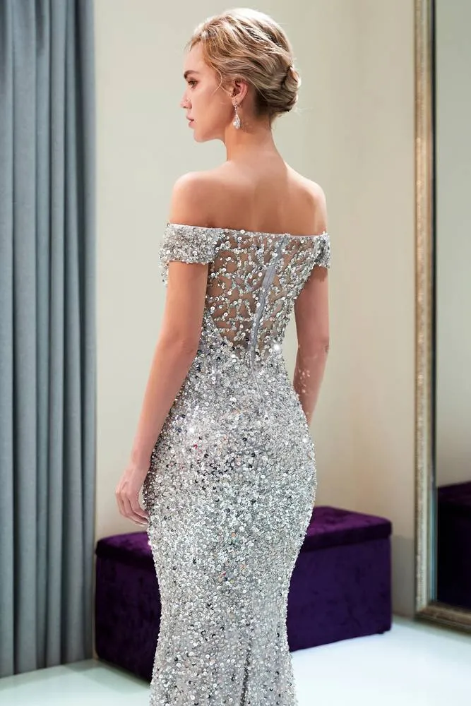 Slash Neck Sequined Mermaid Silver Sweep Prom Dress