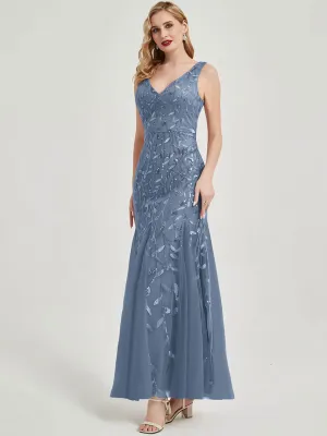 Slate Blue Leaf Pattern Sleeveless Sequin Maxi Formal Evening Dresses