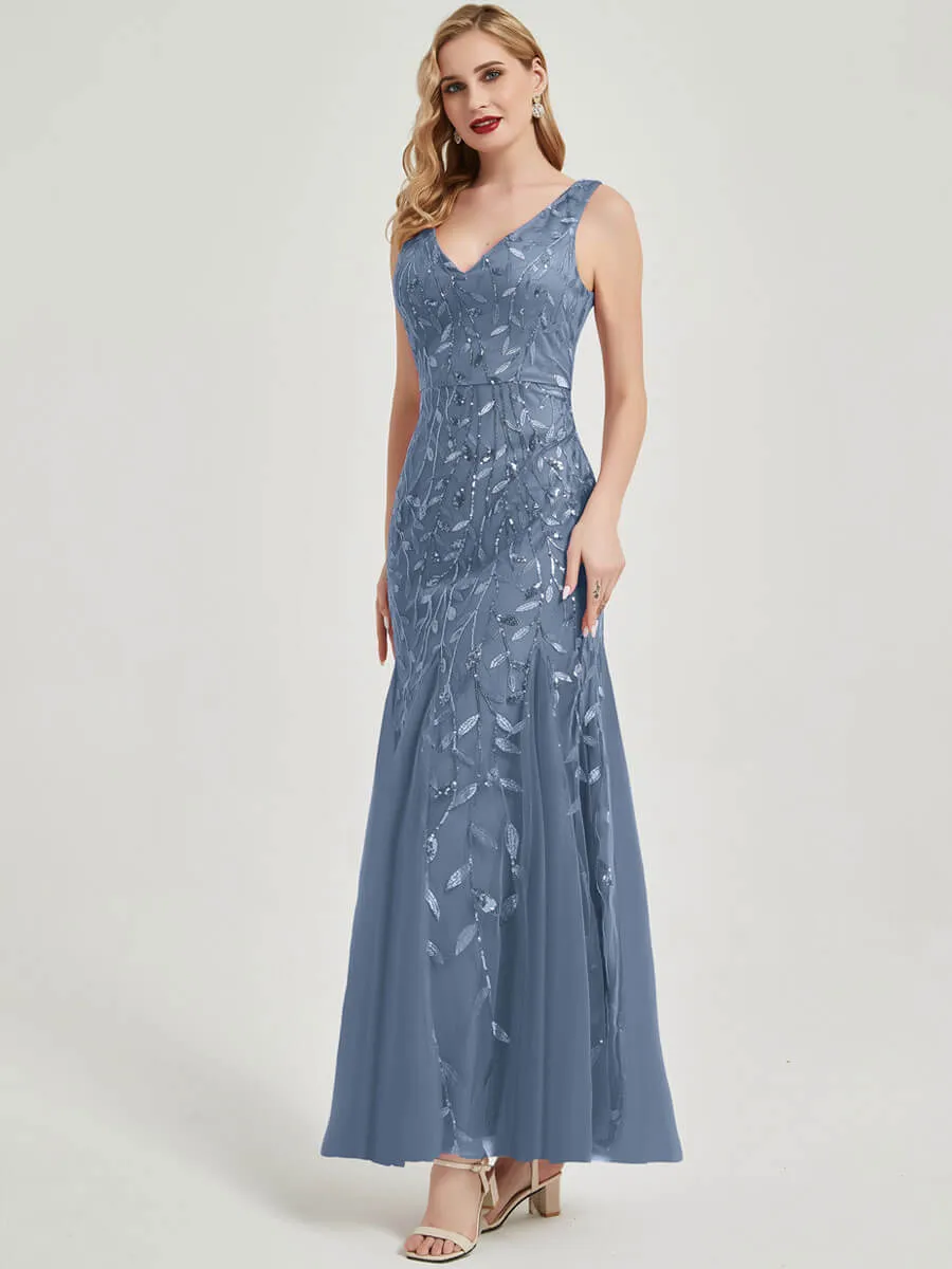 Slate Blue Leaf Pattern Sleeveless Sequin Maxi Formal Evening Dresses