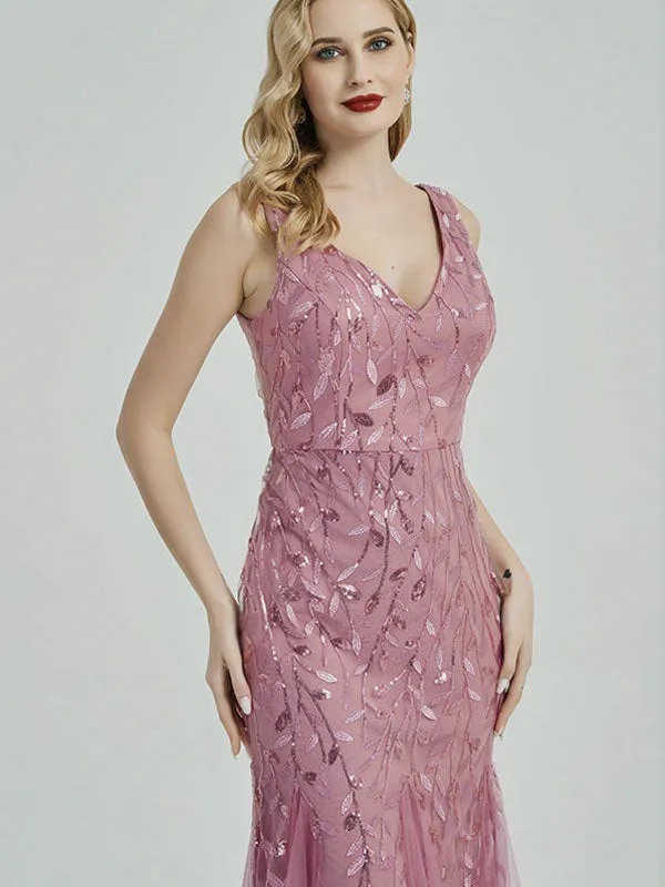 Slate Blue Leaf Pattern Sleeveless Sequin Maxi Formal Evening Dresses