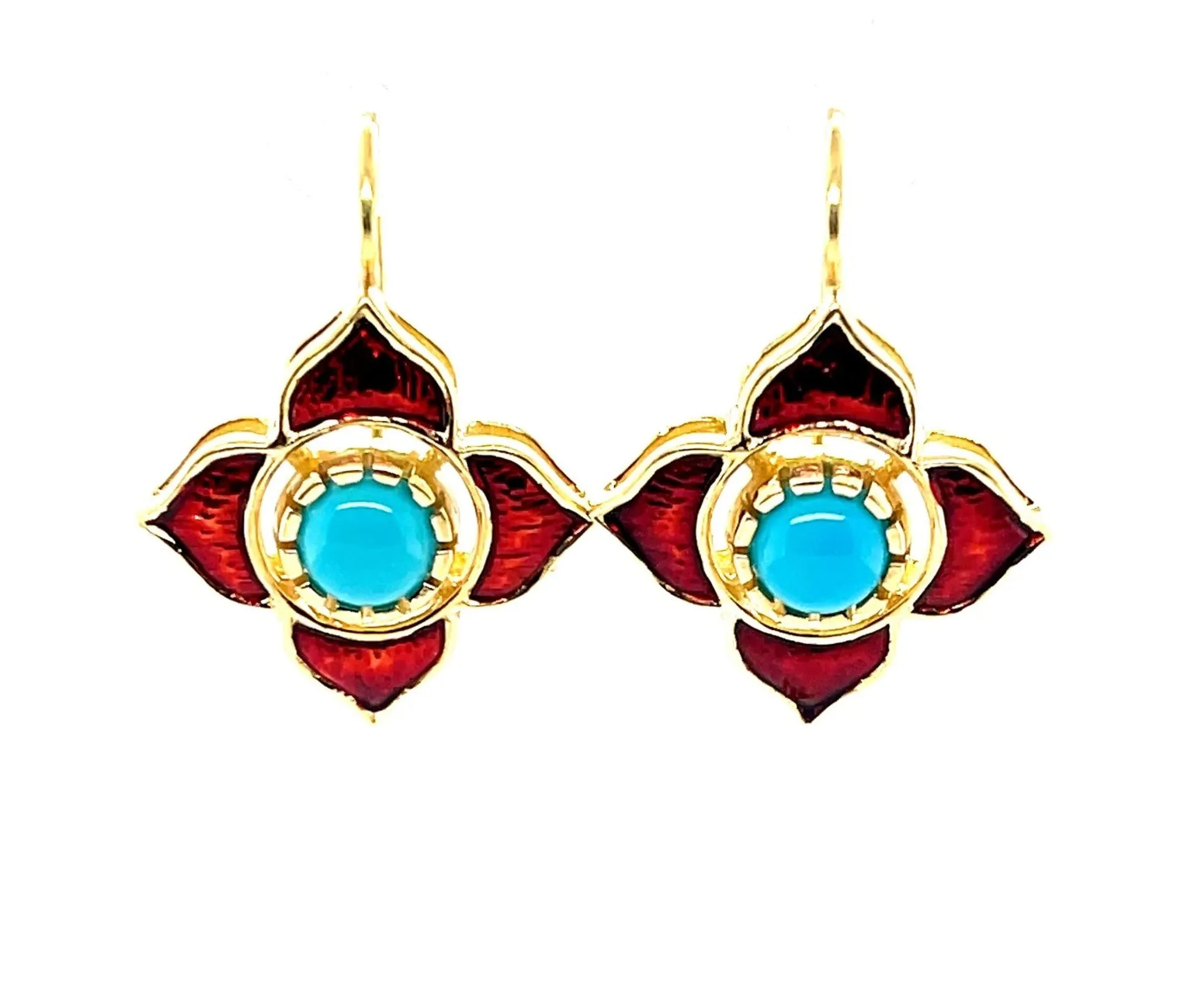 Sleeping Beauty Turquoise & Pomegranate Enamel Drop Earrings in 18k Yellow Gold
