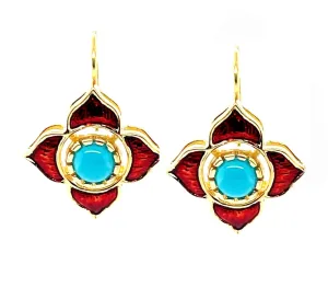 Sleeping Beauty Turquoise & Pomegranate Enamel Drop Earrings in 18k Yellow Gold