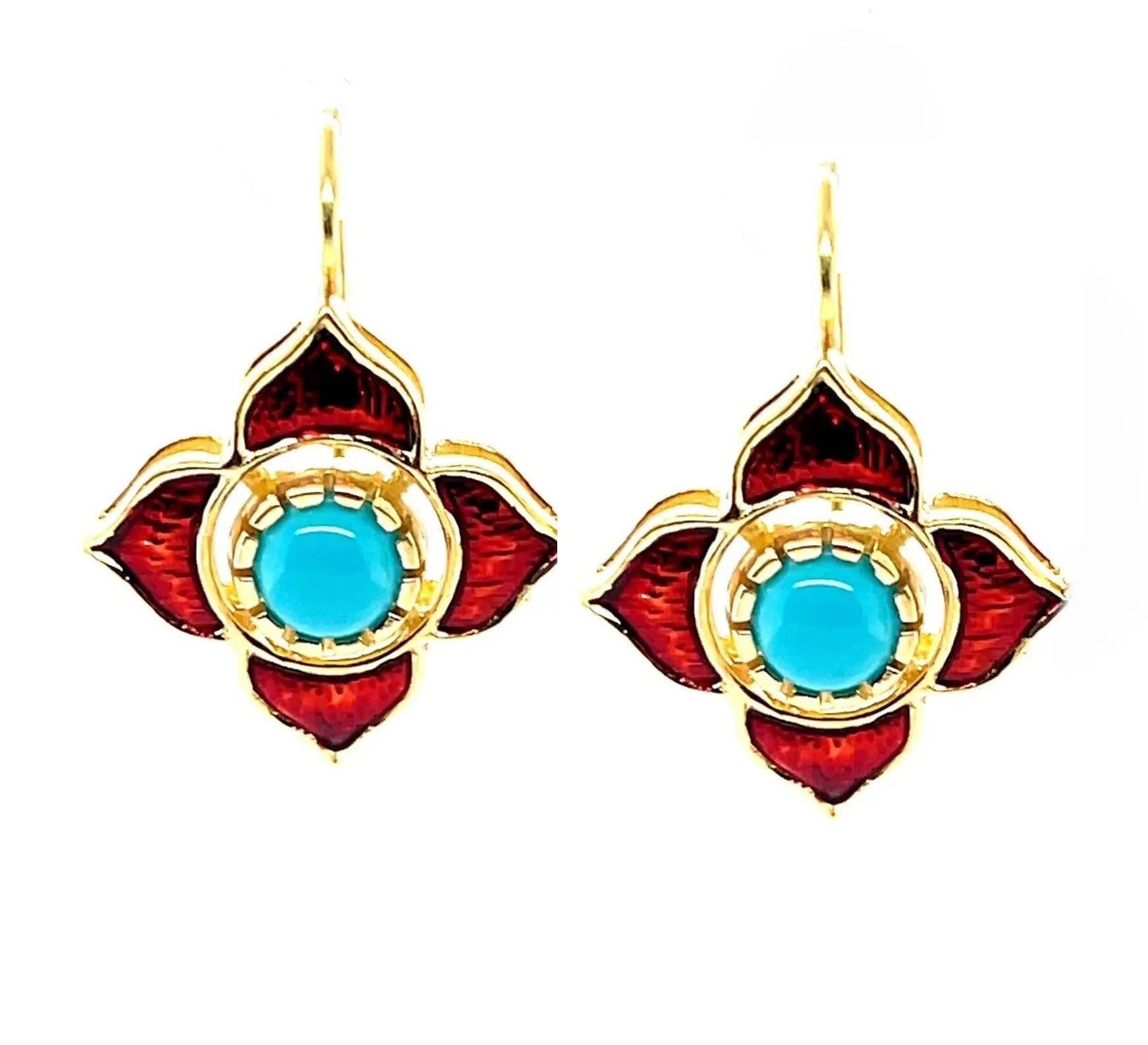 Sleeping Beauty Turquoise & Pomegranate Enamel Drop Earrings in 18k Yellow Gold