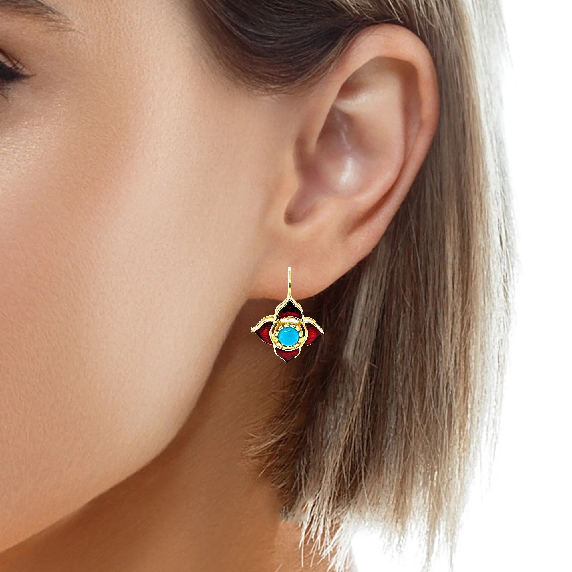 Sleeping Beauty Turquoise & Pomegranate Enamel Drop Earrings in 18k Yellow Gold