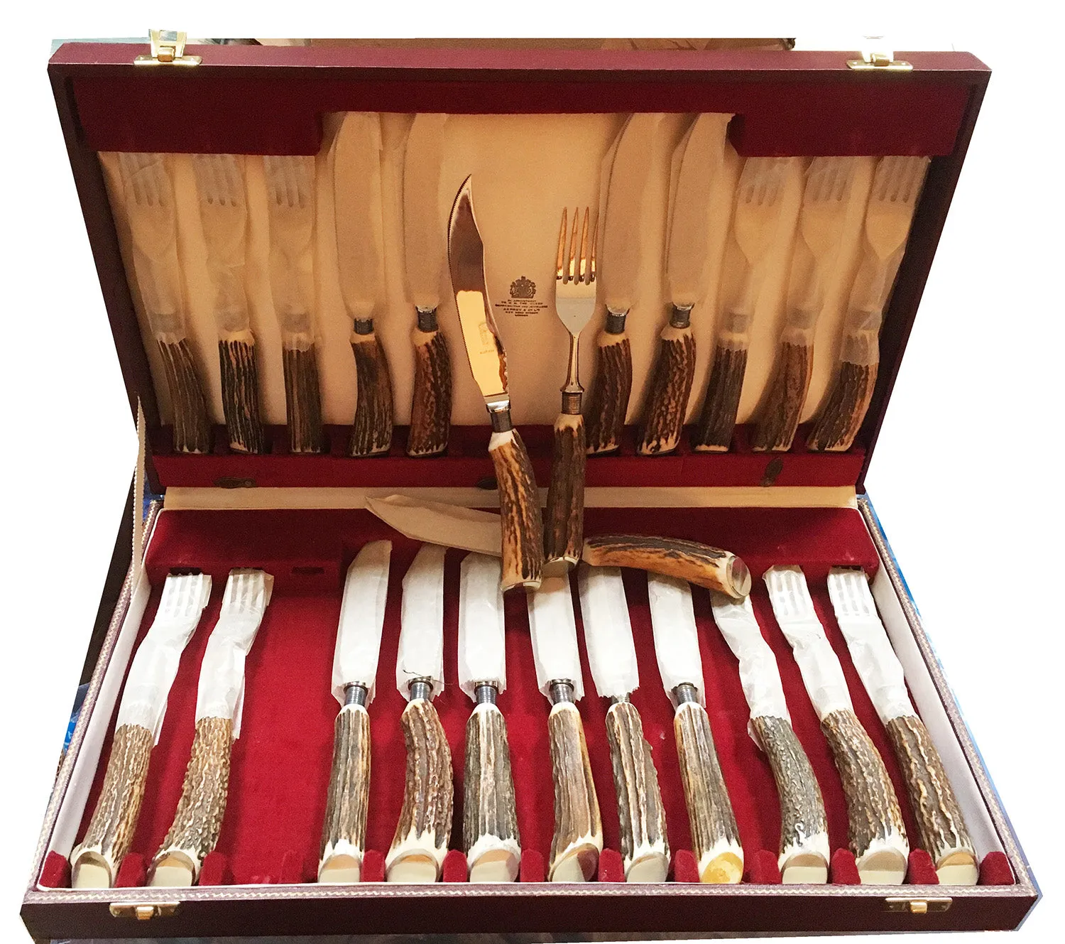 SOLD English Asprey Antler, Stainless Steel Cased Fork and Knife Set