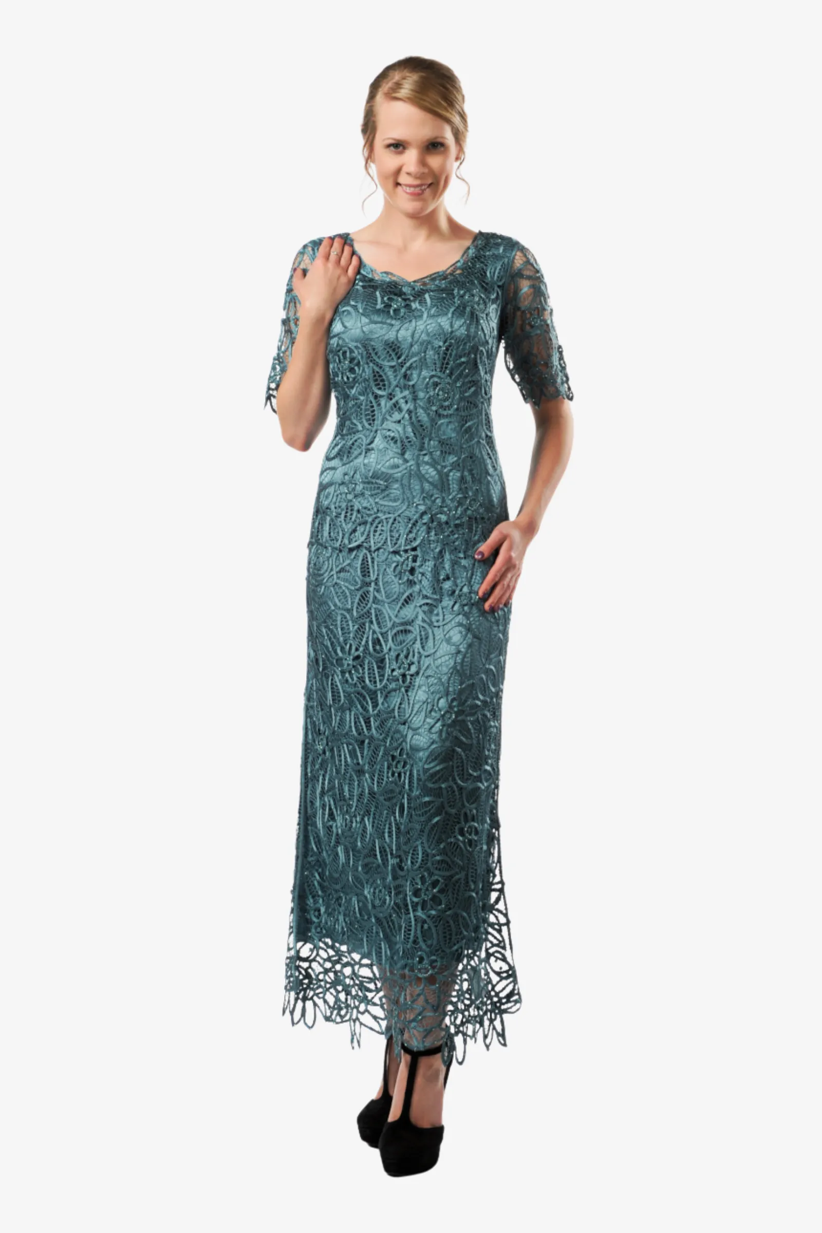 Soulmates C8080 Hand Lace Silver Beaded Short Sleeve Top with Skirt Set