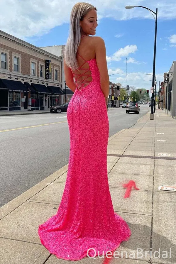 Sparkle Hot Pink Lace up Back Spaghetti Straps Mermaid Evening Gown Long Evening Party Prom Dresses with Slit ,WGP1293