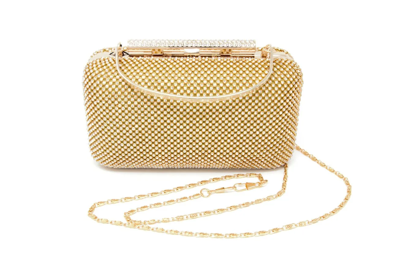 Sparkling Gold Rectangular Clutch with Handle and Chain