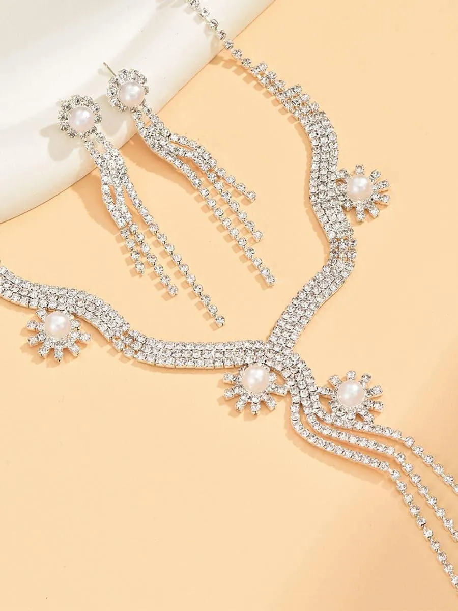 Sparkling Pearl Drop Crystal Necklace Set MSE00137