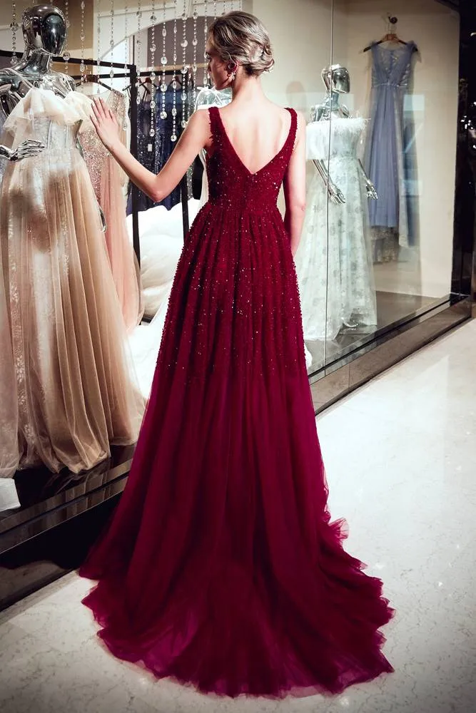 Sparkling V-Neck Sequined Burgundy Sweep Prom Dress