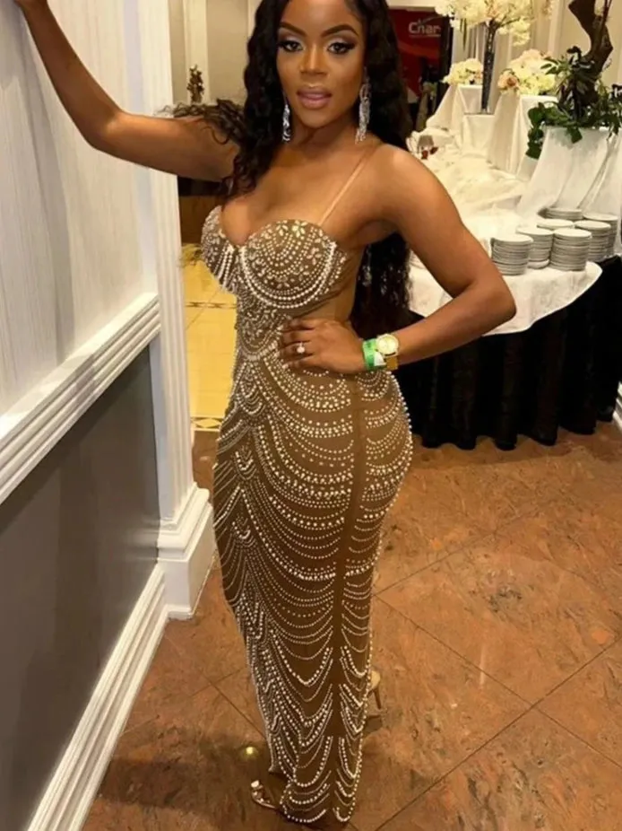 Sparkly Crystal Rhinestone Pearl Celebrities Gown Brown Dress