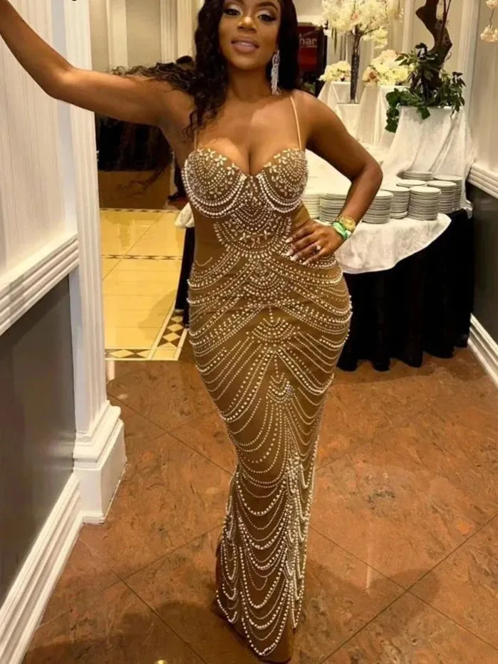 Sparkly Crystal Rhinestone Pearl Celebrities Gown Brown Dress