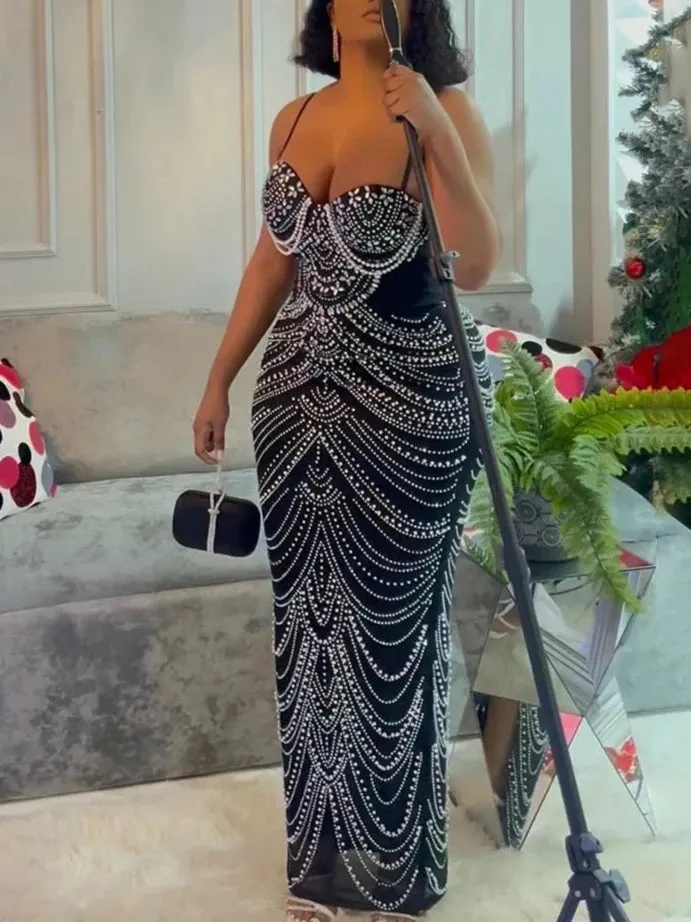Sparkly Crystal Rhinestone Pearl Celebrities Gown Brown Dress
