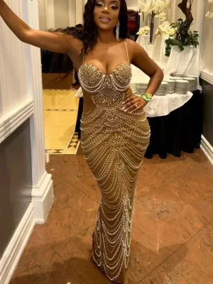 Sparkly Crystal Rhinestone Pearl Celebrities Gown Brown Dress