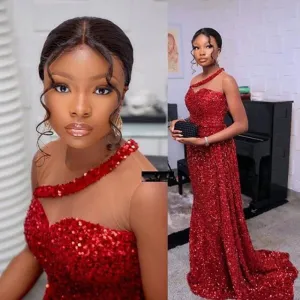 sparkly formal wear 2021 shinny red sequined sleeveless African evening dresses long vested de fiesta