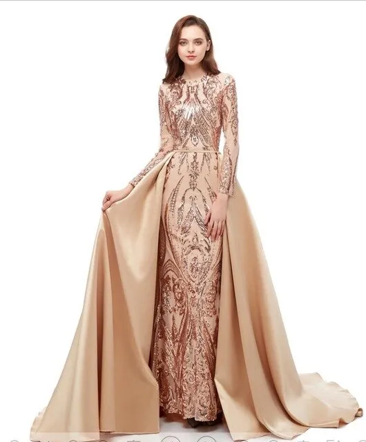 Sparkly Sequin Evening Dress Long Sleeves Detachable Train Saudi Arabic Green Formal  Prom Evening Gown Robe De Soiree