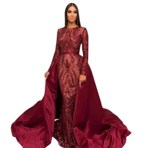 Sparkly Sequin Evening Dress Long Sleeves Detachable Train Saudi Arabic Green Formal  Prom Evening Gown Robe De Soiree