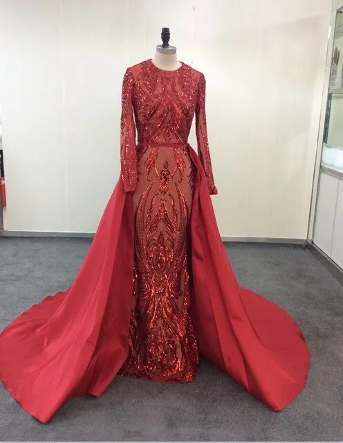 Sparkly Sequin Evening Dress Long Sleeves Detachable Train Saudi Arabic Green Formal  Prom Evening Gown Robe De Soiree