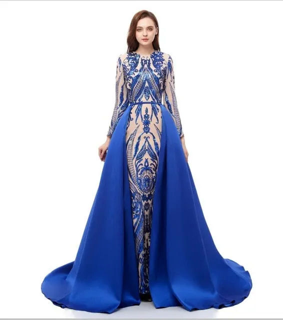 Sparkly Sequin Evening Dress Long Sleeves Detachable Train Saudi Arabic Green Formal  Prom Evening Gown Robe De Soiree