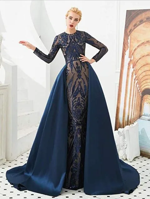 Sparkly Sequin Evening Dress Long Sleeves Detachable Train Saudi Arabic Green Formal  Prom Evening Gown Robe De Soiree