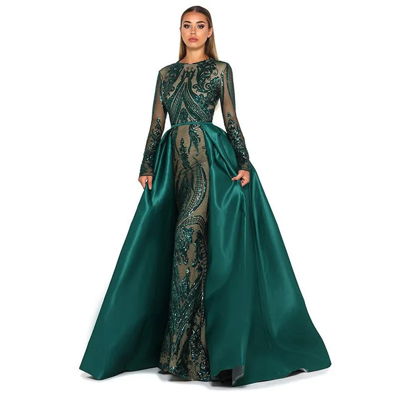 Sparkly Sequin Evening Dress Long Sleeves Detachable Train Saudi Arabic Green Formal  Prom Evening Gown Robe De Soiree