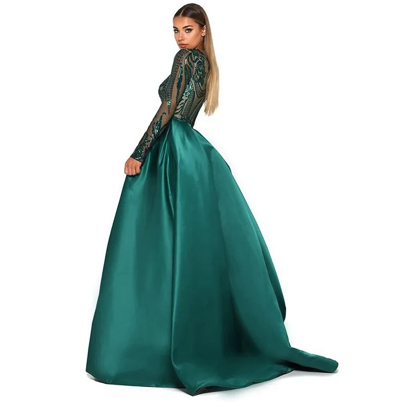 Sparkly Sequin Evening Dress Long Sleeves Detachable Train Saudi Arabic Green Formal  Prom Evening Gown Robe De Soiree