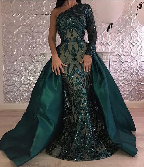 Sparkly Sequin Evening Dress Long Sleeves Detachable Train Saudi Arabic Green Formal  Prom Evening Gown Robe De Soiree