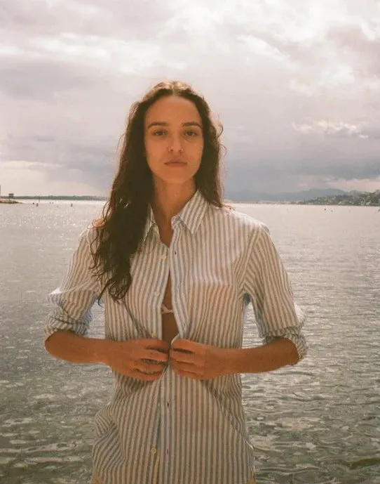 SRC Embroidered Button Down Shirt - White/Sky Blue Large Stripe