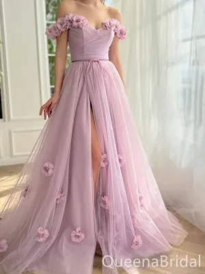 Stunning A-line Lace up Back 3D Flowers Off the Shoulder Party Dress Long Prom Dresses to Impress ,WGP1533