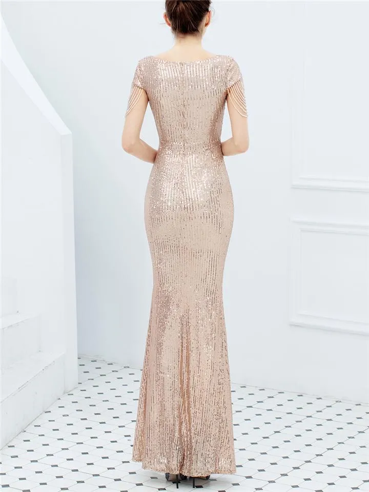 Stunning Sequined V Neck Mermaid Dinner Dresses for Ladies