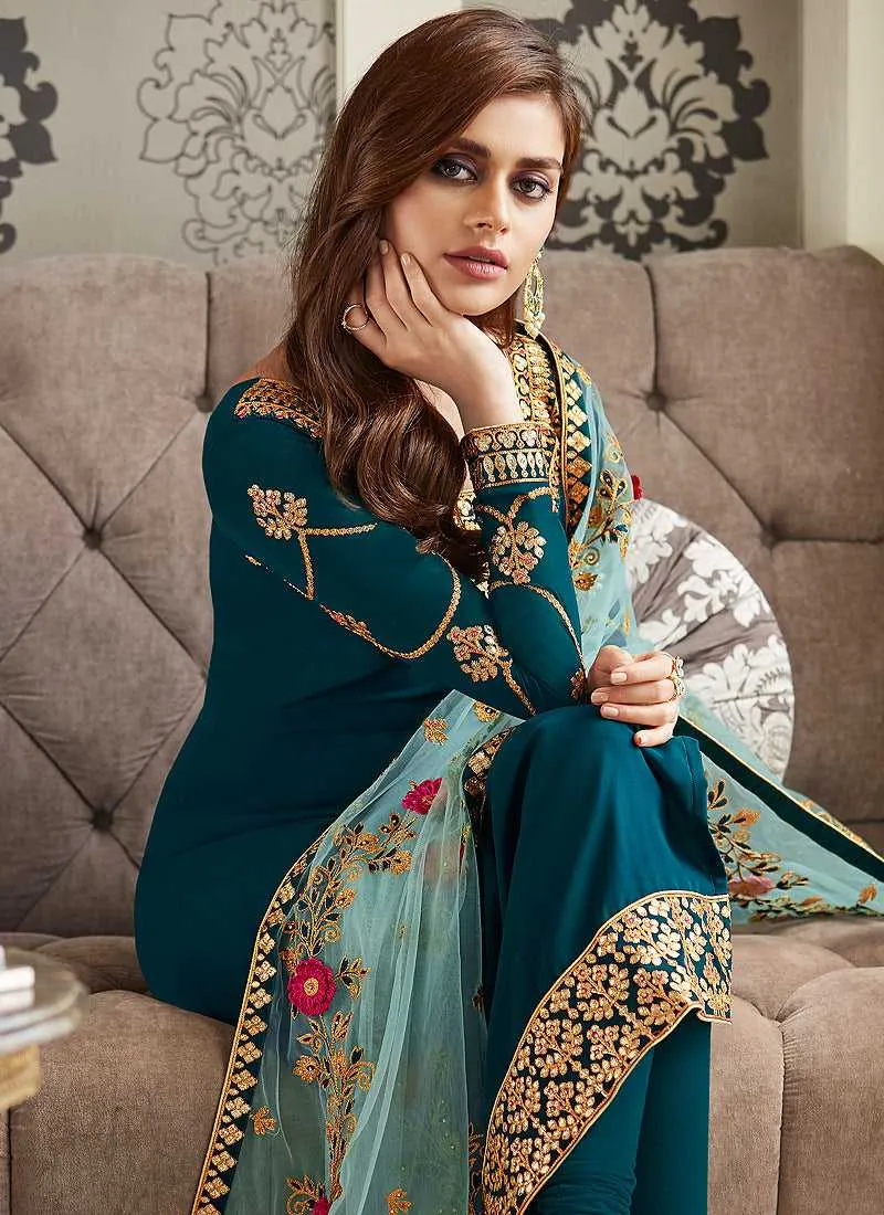 Teal Blue and Gold Embroidered Straight Pant Style Suit