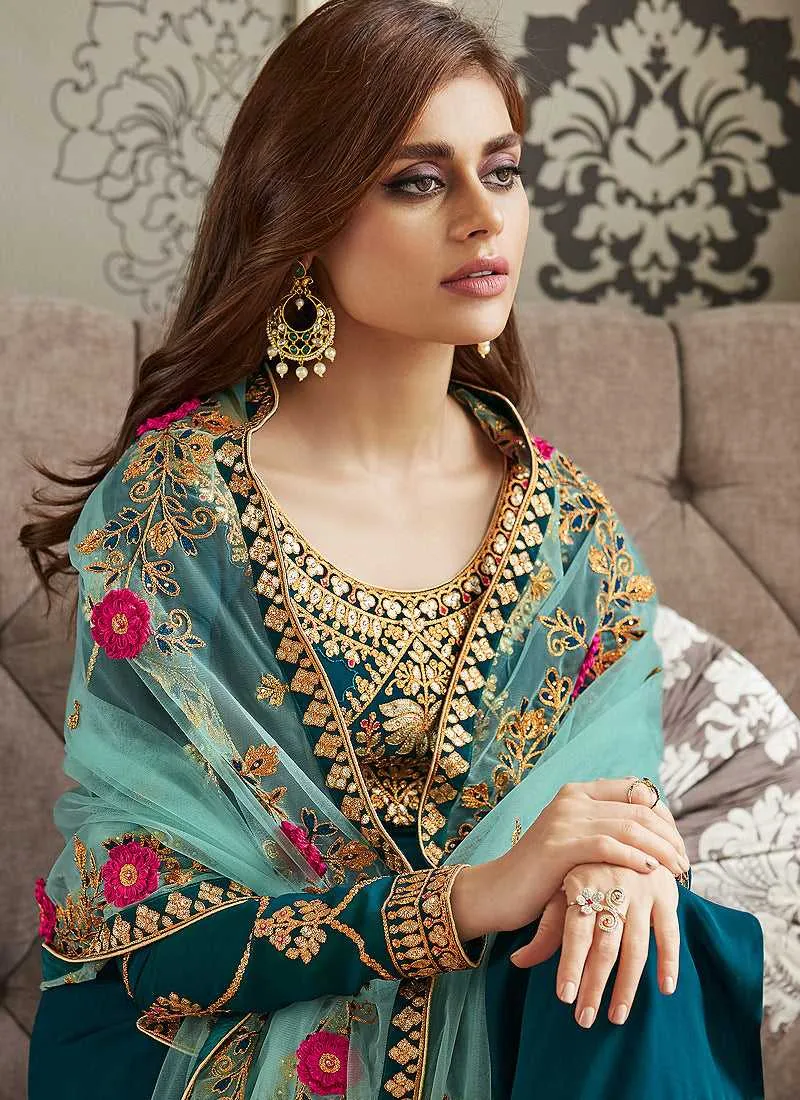 Teal Blue and Gold Embroidered Straight Pant Style Suit