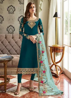 Teal Blue and Gold Embroidered Straight Pant Style Suit