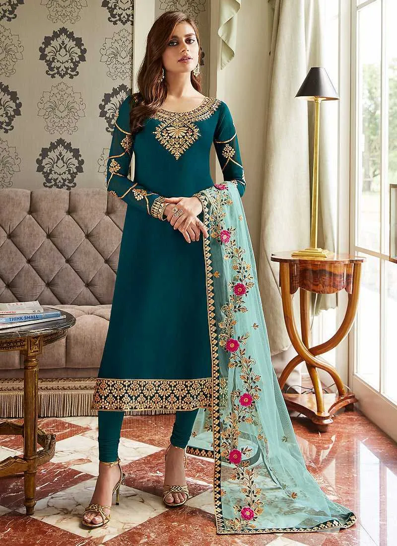 Teal Blue and Gold Embroidered Straight Pant Style Suit