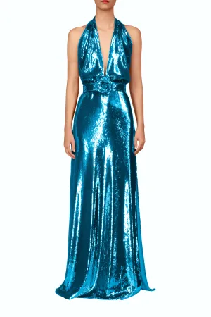 Teal Sequin Halter Gown With Sequin Flower Detail