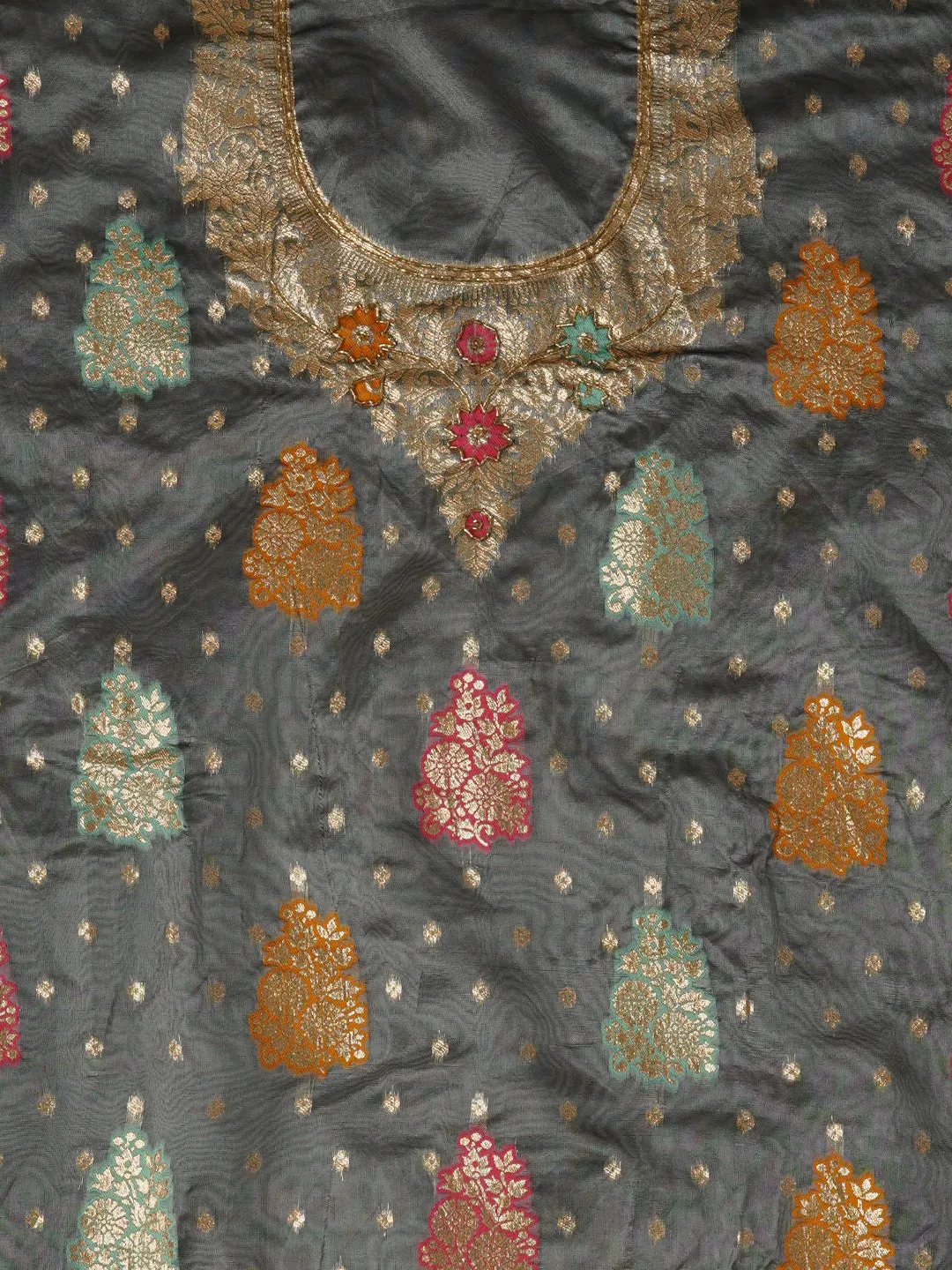 Unstitched Woven Design Silk Blend Grey Dress Material With Dupatta