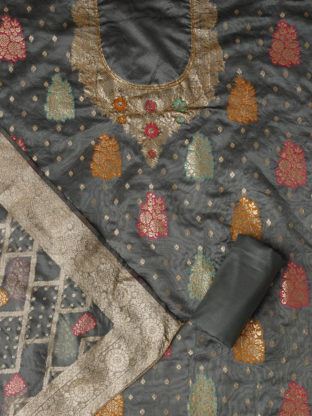 Unstitched Woven Design Silk Blend Grey Dress Material With Dupatta