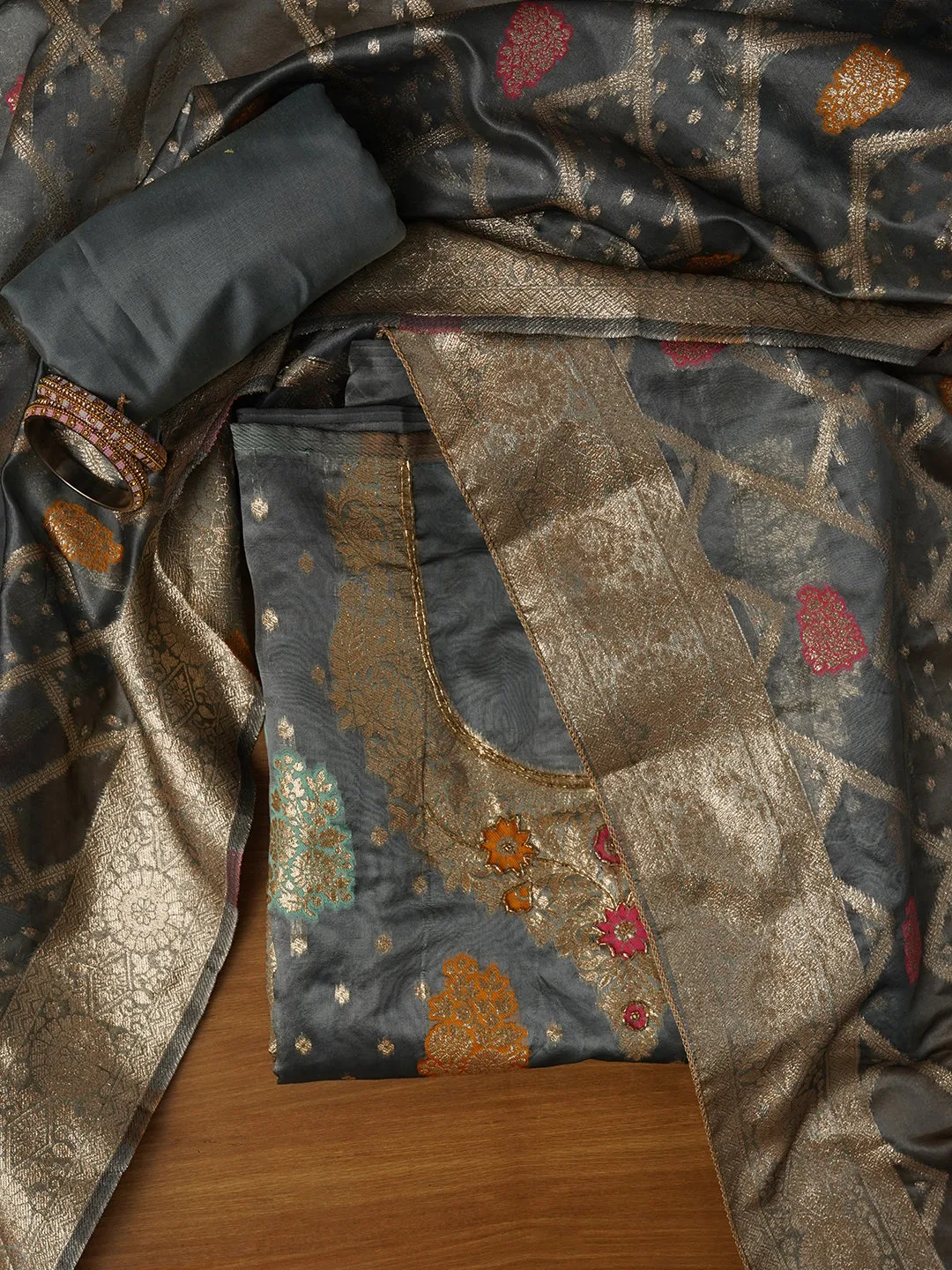 Unstitched Woven Design Silk Blend Grey Dress Material With Dupatta