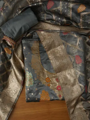 Unstitched Woven Design Silk Blend Grey Dress Material With Dupatta
