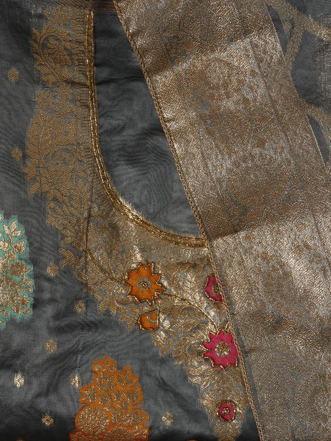Unstitched Woven Design Silk Blend Grey Dress Material With Dupatta