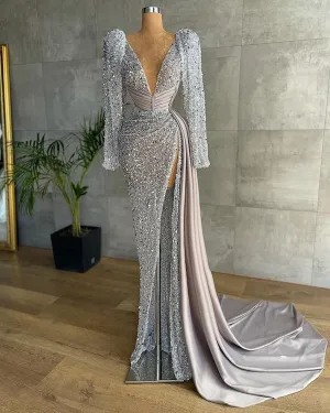 V-neck Luxury Beaded Mermaid High Slit Silver Formal Evening Gowns