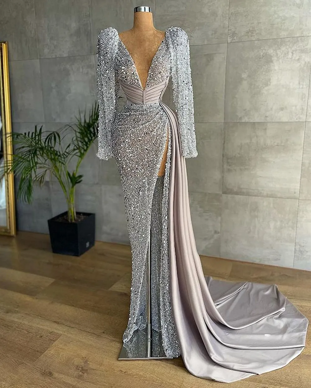V-neck Luxury Beaded Mermaid High Slit Silver Formal Evening Gowns
