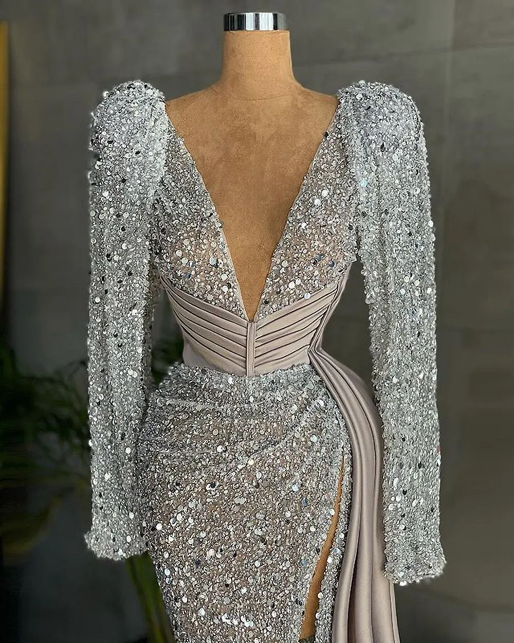 V-neck Luxury Beaded Mermaid High Slit Silver Formal Evening Gowns