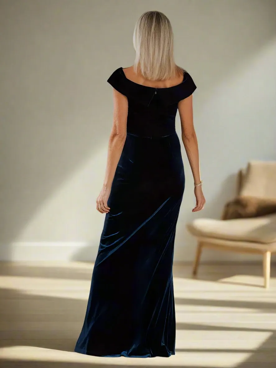 V-Neck Velvet Off The Shoulder Floor Length Mother of The Bride Dresses