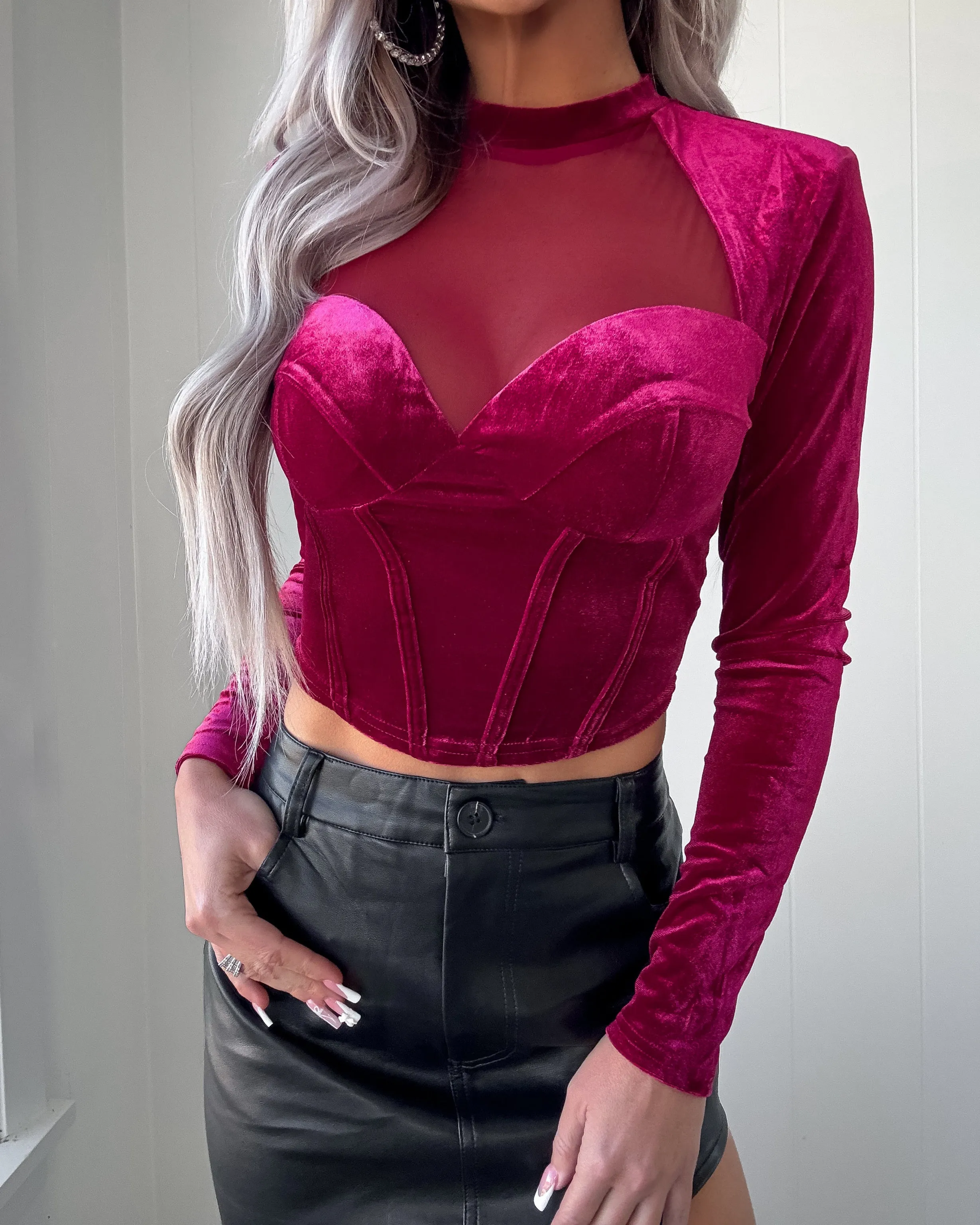 Velvet Embrace Mesh Crop Top - Magenta