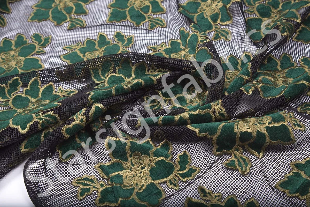 Velvet Flower Embroidered Fabric on Net Tulle