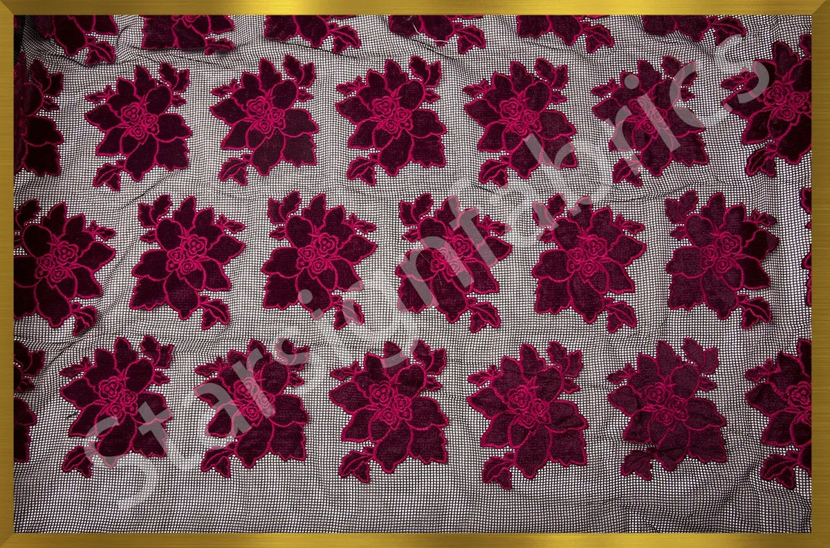 Velvet Flower Embroidered Fabric on Net Tulle