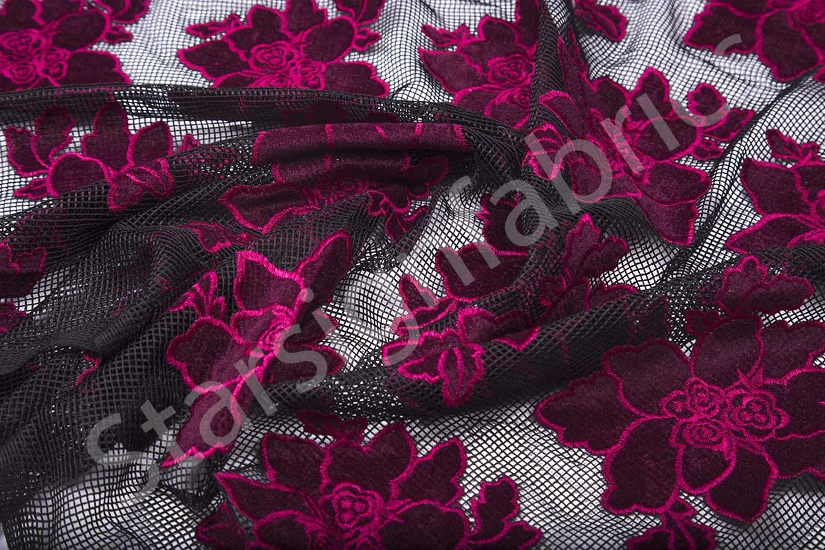 Velvet Flower Embroidered Fabric on Net Tulle