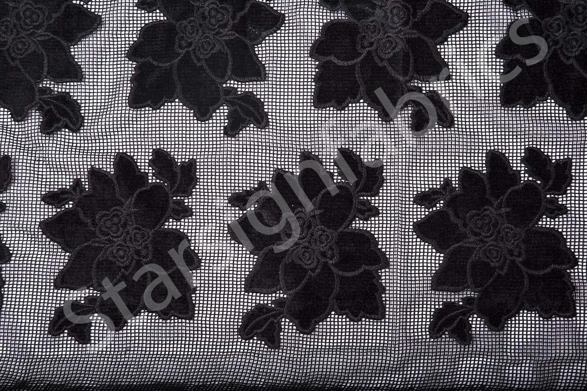 Velvet Flower Embroidered Fabric on Net Tulle