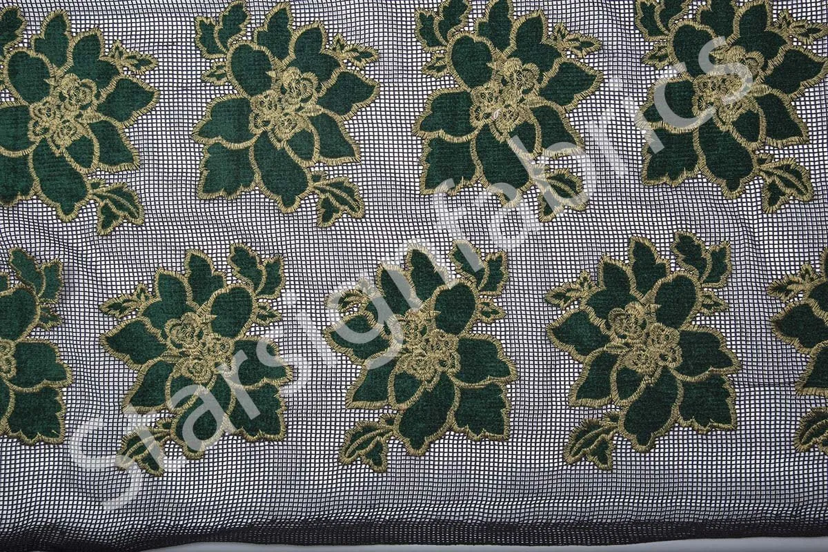 Velvet Flower Embroidered Fabric on Net Tulle